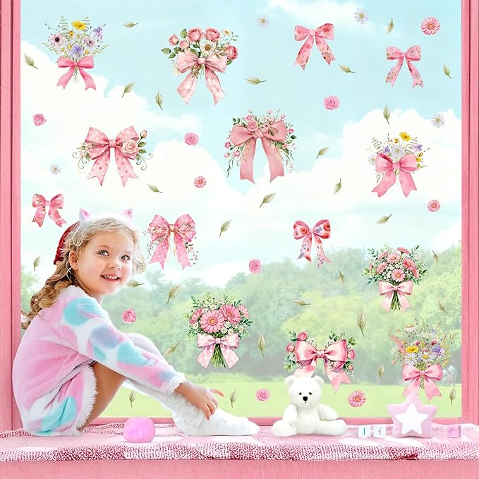 Bow Floral Window Cling Pink Bowknot Bouquet Window Stickers Watercolor Floral Flower Window Wall Decals Peel and Stick Coquette Ribbon Bow Wall Stickers for Girls Room Bedroom Nursery Decor