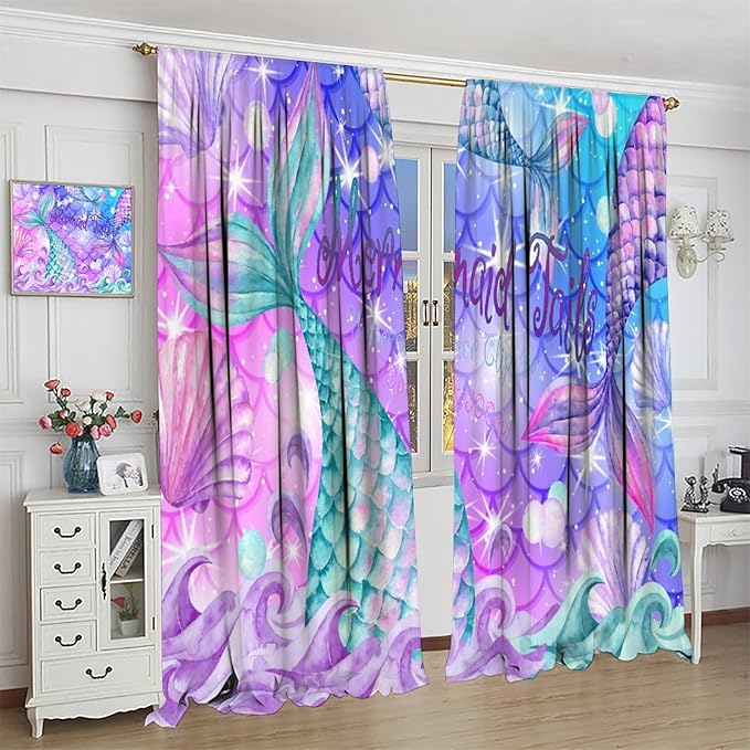 Dream Mermaid Curtain Colorful Mermaid Shell Ocean Theme Fantasy Blackout Curtains for Kids Boys Girls Bedroom Nursery Room Decor Rod Pocket Window Drapes 42x63in