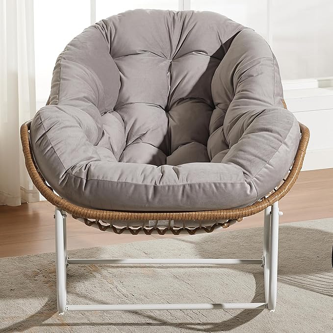 Oversized Outdoor Papasan Rocking Chair with Soft Cushion, Comfy Patio Egg Chair, Wicker Lounge Rocker for Balcony/Porch/Garden, Reinforced All Weather Rattan Frame, 330 lbs Support, Light Grey