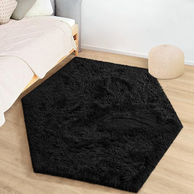 EVOIONOS Black Hexagon Rug, Fluffy Area Rug for Bedroom, 4x4.6 Feet Shag Cute Carpet for Kids Girls Room, Fuzzy Plush Ultra Soft Cozy Non Slipfor Indoor Floor, Shaggy Furry Faux Fur Rug, Dorm