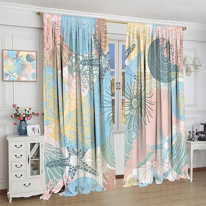 Nautical Blackout Curtain Beach Theme Starfish Seashell Nautical Rustic Ocean Sea Vintage Retro Coastal Summer Bedroom Set 2 Panels,63x72 Inches