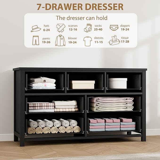 IDEALHOUSE Dresser for Bedroom with 7 Drawers, 54'' Wide Chest of Drawers with Large Clothes Storage Cabinet, Wood Bedroom Dresser, TV Stand for Nursery, Living Room, Hallway, Black