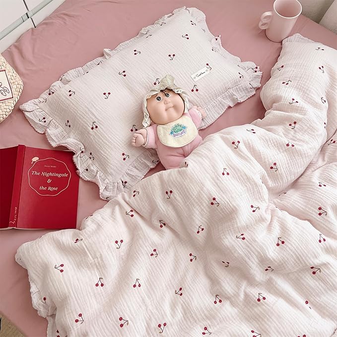 AOJIM Muslin Kids Duvet Cover for Boys Girls, 1 Piece Pure Cotton Toddler Cherry Comforter Cover 47X59'', 2-Layer Gauze Kids Bedding with Ruffled Design, No Quilt or Pillowcases