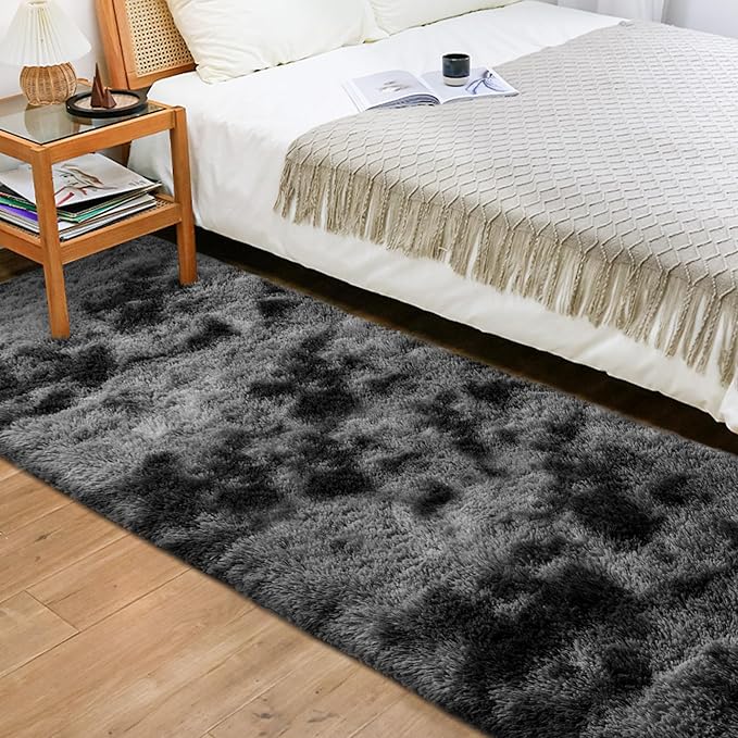 2x8 ft Plush High Pile Black Tie-Dyed Rug Fluffy Soft Runner Bedside Rug for Bedroom Living Room Hallway Nursery Kids Home Decor Shag Carpet