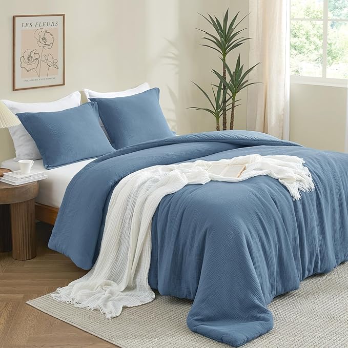 PHF Cotton Muslin Comforter Set Queen Size, Ultra Soft, Breathable & Lightweight All-Season, Filling: 100% Polyester, 3 Pieces with 1 Comforter 90"x90" and 2 Pillow Shams 20"x26", Captain's Blue