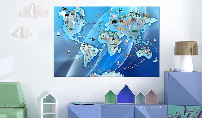 artgeist Textured Canvas Wall Art World Map for Children 35x24 in - 1pcs Painting Canvas Prints Picture Artwork Image Framed Contemporary Wall Home Map Kindergarten Animals Blue k-C-0138-b-a