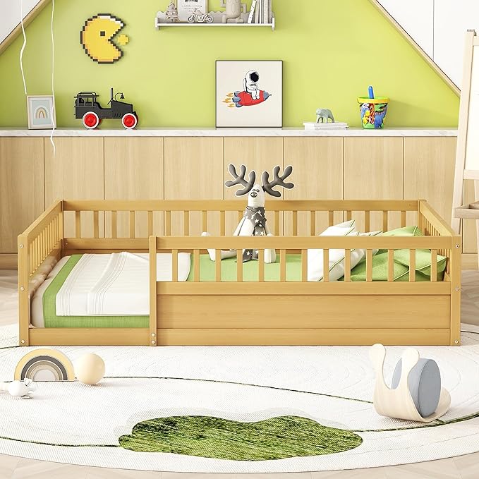 Kids Montessori Floor Bed,Full Size Floor Bed with High Fence and Door,Full Bed Frame with Guardrails for Kids,Girls,Boys,Full,Natural
