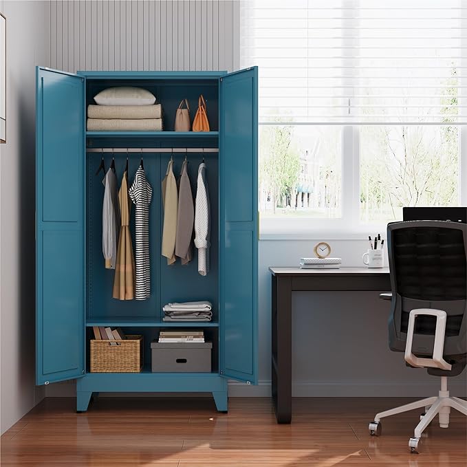 Metal armoire Wardrobe Closet with Hanging Rod,71'' Metal Wardrobe Cabinet with 2 Doors and 2 Adjustable Shelves, Bedroom armoires,Laundry Room cabinets,armario de ropa Closet