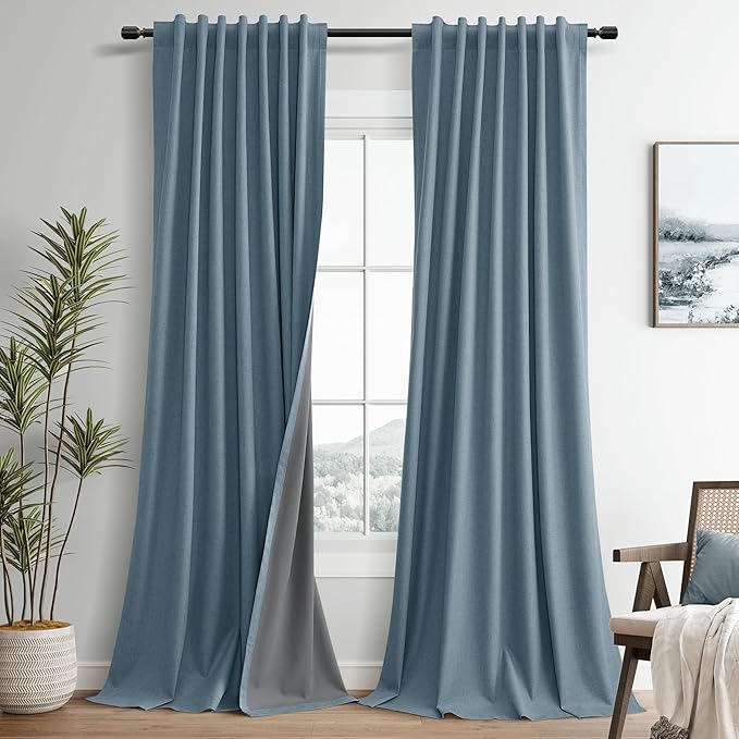 Guken Blue Linen 100% Room Darkening Curtains 96 Inches Long Textured Farmhouse Back Tab Hook Belt Black Out Insulated Door Soundproof Living Room Bedroom Nursery 2 Panels Set 52x96 8Ft