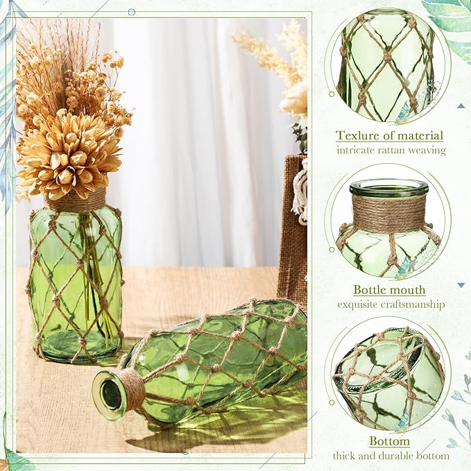 Chuangdi Set of 2 Coastal Glass Vases for Flower Small Flower Vase with Boho Rope Wrapping Beach Decorative Bottle for Coastal Nautical Table Centerpiece Wedding Floral Arrangement Decor(Green)