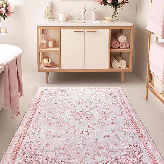 Pink Small Area Rug 3x5 for Entryway - Aesthetic Bow Washable Vanity Floral Mini Throw Rug for Bedside Girls Bedroom Classroom Kitchen Entry Way Front Door Indoor Entrance Inside House Bathroom