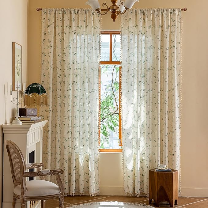 OYX Sage Green Spring Floral Curtains 63 Inch Length 2panels for Living Room, French Country Vintage Light Filtering Patterned Aesthetic Drapes for Bedroom, Rod Pocket Decor Window Treatment Curtains