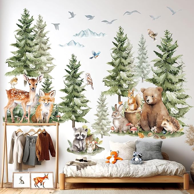 DECOWALL SG4-2422 Large Pine Trees and Forest Animals Wall Decal Stickers Mountain Bear Fox Peel and Stick Wall Art Decals for Kids Room Baby Nursery Woodland Wallpaper Living Bedroom