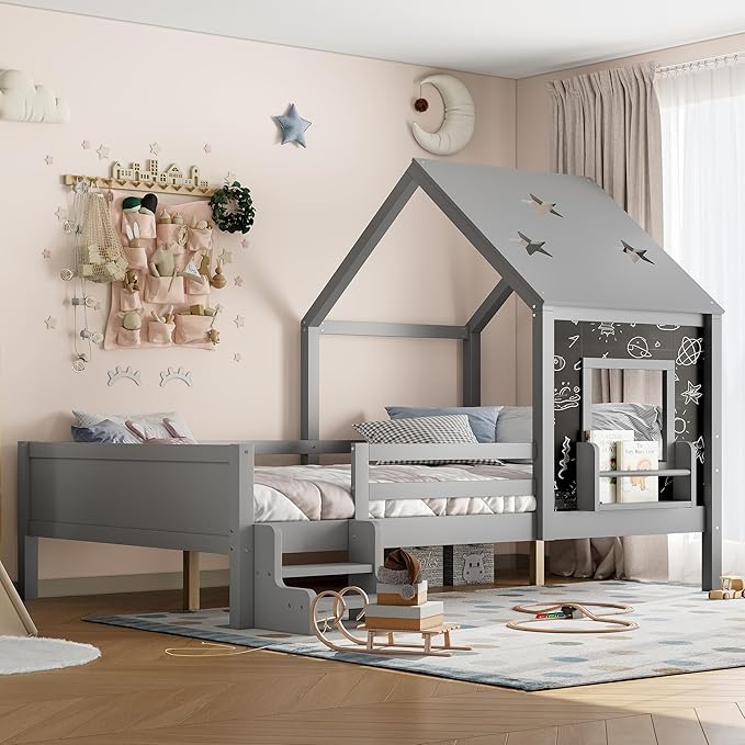 Bellemave Full House Bed with Rails or guardrails and Bookcase, Wooden Full House Shape Platform Bed for Boys, Girls, Teens, Gray
