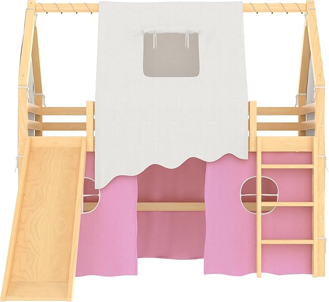 Playhouse Design Twin Size Loft Bed with Slide & Tent, Solid Wood Tent Bed Frame for Kids Boys Girls, Versatile Spacious Under Bed Space, Chic Design with Lights (Natural+Pink-Twin)