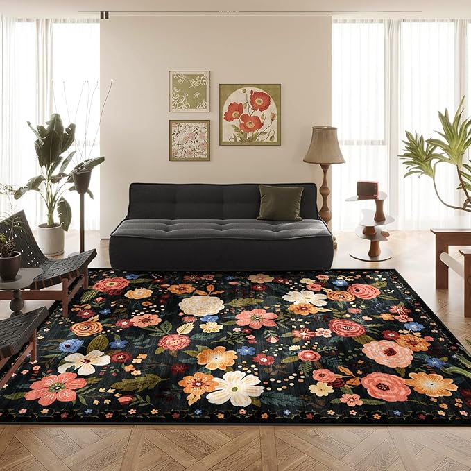 8x10 Washable Area Rug for Living Room, Floral Non-Slip Non-Shedding & Easy Care, Large Soft Low Pile Indoor Floor Carpet for Living Room, Bedroom, Farmhouse, Dining Room, Kids Playroom, Black