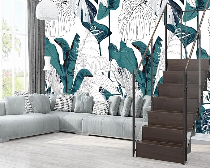 XMPMBM-Modernity Simple Geometrical Banana Leaf Fabric Wallpaper Abstraction Leaf Living Room Bedroom Bathroom Wall Mural-W 154" X H 105"（112 Square Foot）
