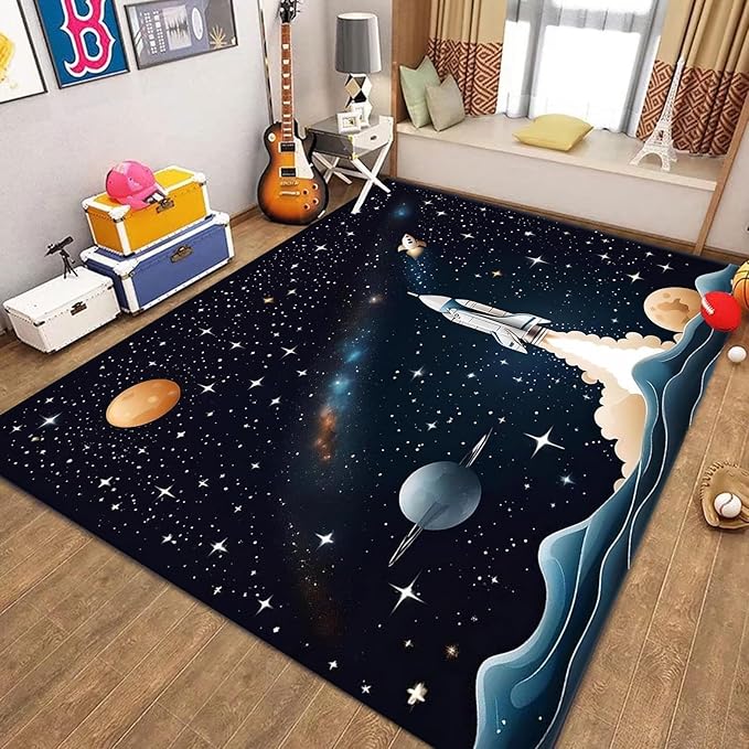 Space Children's Play Rug,6x8ft,Solar System Planet Rocket Play Mat Rug, Suitable for Boys and Girls, Home Decor,Educational Learning Play Area Rug,Suitable for Children's Bedroom Playroom