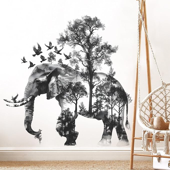 2 Sheets Forests Silhouette Animals Wall Decals - Removable Wild Elephant Tree & Birds Wall Art Decor for Children's Nursery & Living Room