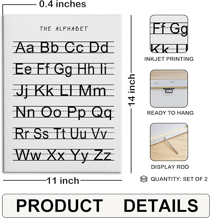 HRQKO Alphabet Numbers Nursery Canvas Wall Art Set of 2, Kids Room Decor Framed Art, ABC Numbers Learning Posters Wall Decor for Classroom Toddler Kids Nursery Bedroom Playroom, 11x14 inch