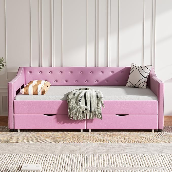 Ball & Cast Twin Size Daybed with Storage Drawers,Linen Upholstered Day Bed Frame with Button Tufted Back and Waved Shape Arms for Bedroom,Guest Room,No Box Spring Needed,Pink