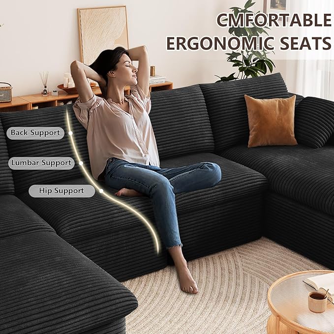 136" Cloud Modular Sectional Sofa with 1 Ottoman, Deep Seat Boneless Couch, Modern Upholstered Corduroy Couches, Comfort U Shaped Sofa for Living Room, No Assembly Required(Black,Right Facing Chaise)