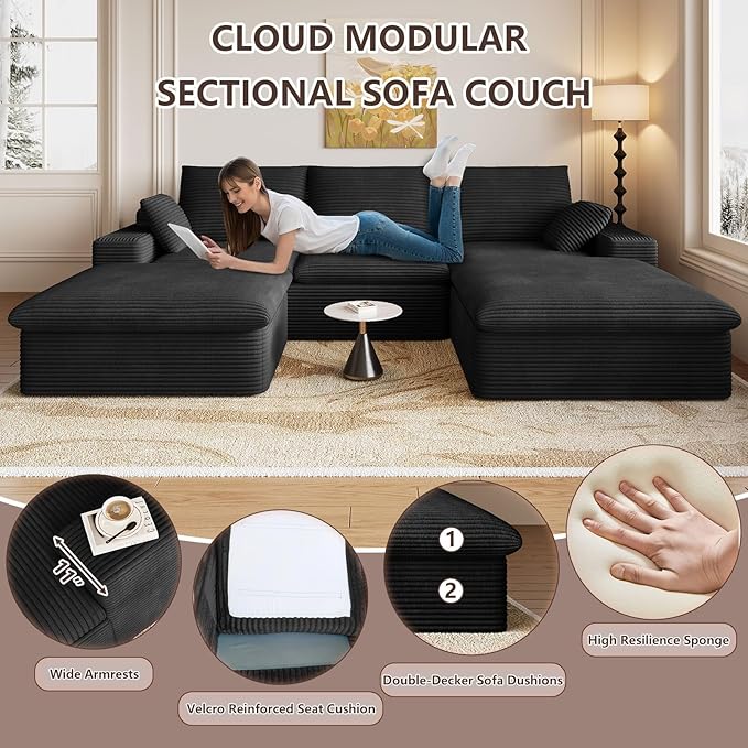 107" Cloud Modular Sectional Sofa with 1 Ottoman, Deep Seat Boneless Couch, Modern Upholstered Corduroy Couches, Comfort U Shaped Sofa for Living Room, No Assembly Required(Black,Right Facing Chaise)