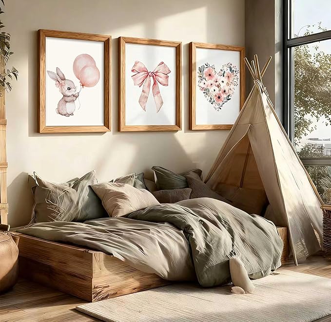 3 Pcs Nursery Bunny Wall art Love Wildflowers Painting Pictures Cute Animal Posters Prints Pink Girl Canvas Wall Decor for Girls and Boys Kids Room Baby Room Decor
