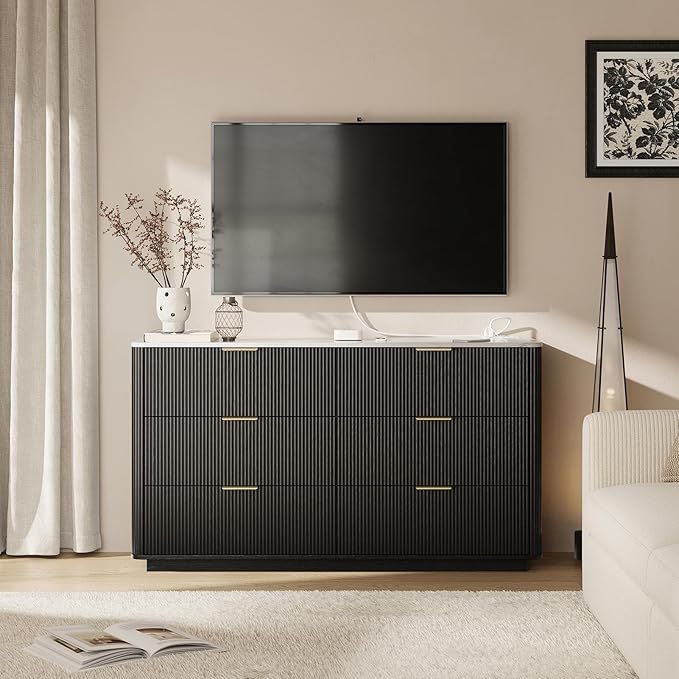 Fluted 6 Drawers Dresser with Charging Station, 55" Wide Modern Chest of Drawers with Faux Marble Top, Wooden Dresser TV Stand, Wood Drawer Organizer for Bedroom, Living Room, Hallway, Black
