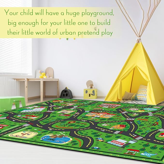 Tinideya Kids Carpet Playmat Rug Player Car Rug, 4 x 6 ft Traffic Map Mat Educational Game Area for Toddler Children Playroom Classroom Bedroom (City, Green)