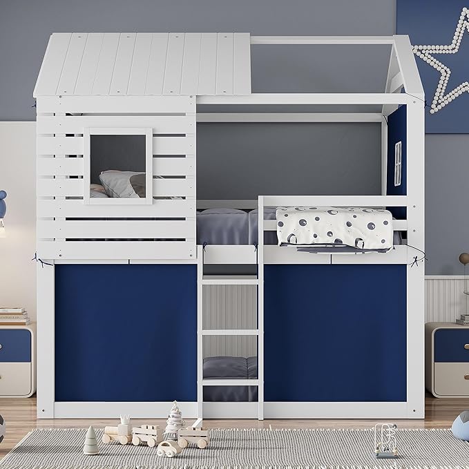 Full Size House Bed Tent Bed with Windows for Kids Teens Boys Girls, Solid Wood Bunk Bed Frame with Guardrails, Versatile Spacious Under Bed Space with Curtains (Blue-Tent Full)
