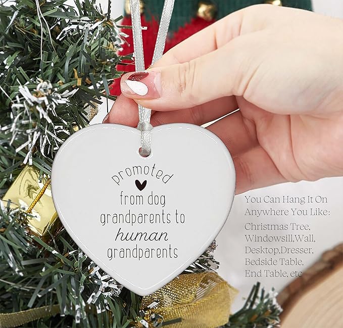 Heart Shaped Christmas Ornament-Pregnancy Announcement for Parents-New Baby Reveal Keepsake-Promoted from Dog Grandparents to Human Grandparents Gift
