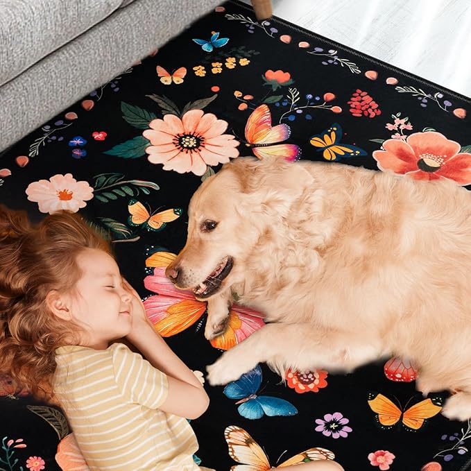 8x10 Machine Washable Area Rug, Non-Slip Large Vintage Floral Floor Rugs for Kids, Low Pile Room Carpet for Living Room, Bedroom, Dining Room & Nursery(8x10 Black Floral)