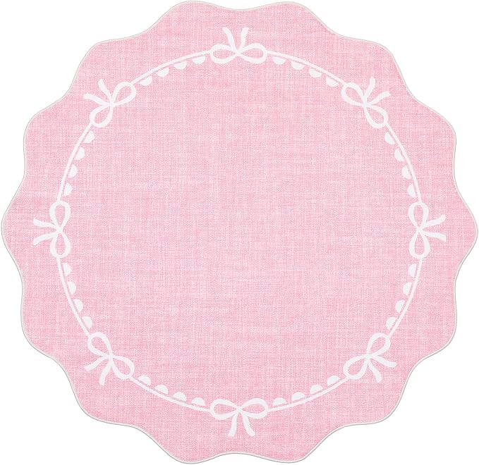 GarveeHome Scalloped Bow Rug for Living Room, 6ft Round Rugs Washable Solid Pink Rug for Dorm Soft Low Pile Non Slip Scalloped Rugs for Nursery Bedroom Decor Kids Room Playroom