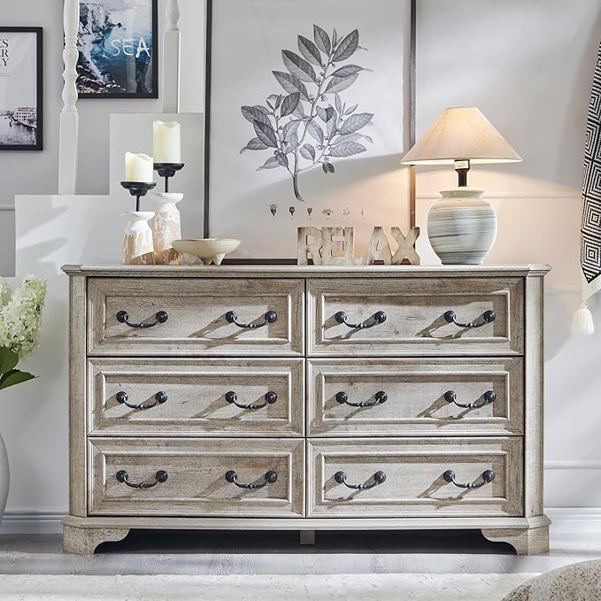 T4TREAM Farmhouse 6 Drawers Dresser for Bedroom, 54" Wide Wood Rustic Chest of Drawers with Natural Texture, Vintage Design, Storage Dressers Organizer for Bedroom, Living Room Light Rustic Oak