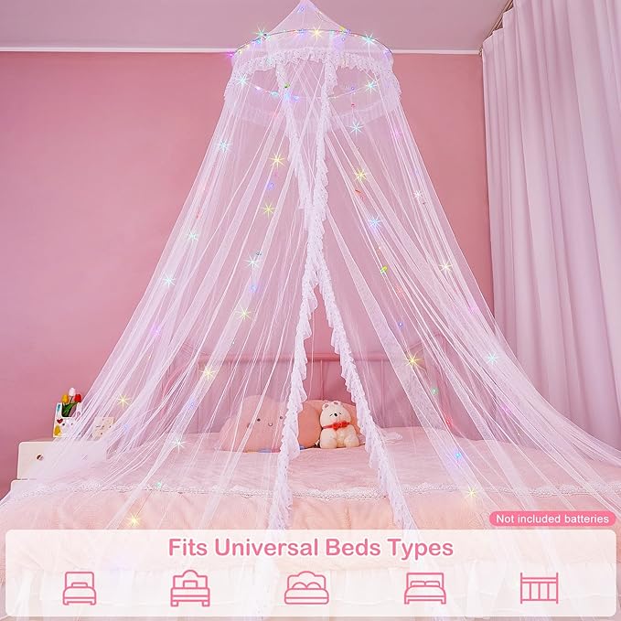 Beinou Bed Canopy for Girls with Timer Remote Canopy Bed with Lights Breathable Net Canopy for Bed Kids Girls Room Decor,White