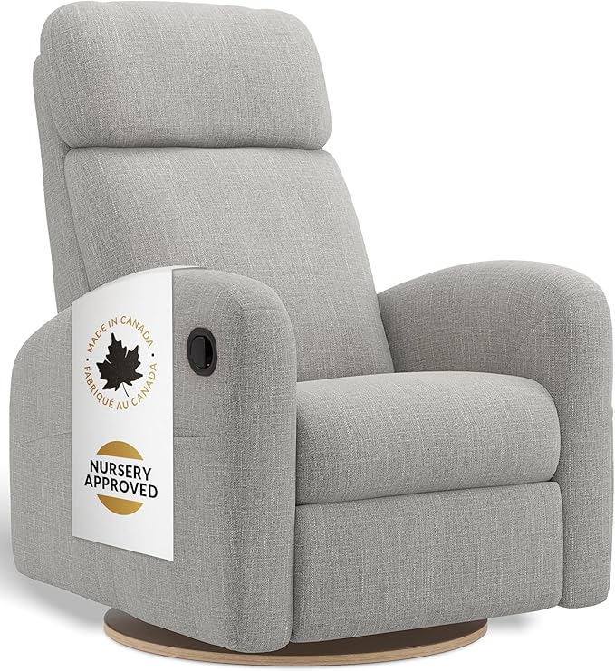 Jaymar Hailey Modern Nursery Glider Recliner Chair (Manual) – Cozy Nursing Chair with 360° Swivel for New Parents, High Back & Low Armrests, Adjustable headrest, Canadian Made (Nubia Silver Grey)