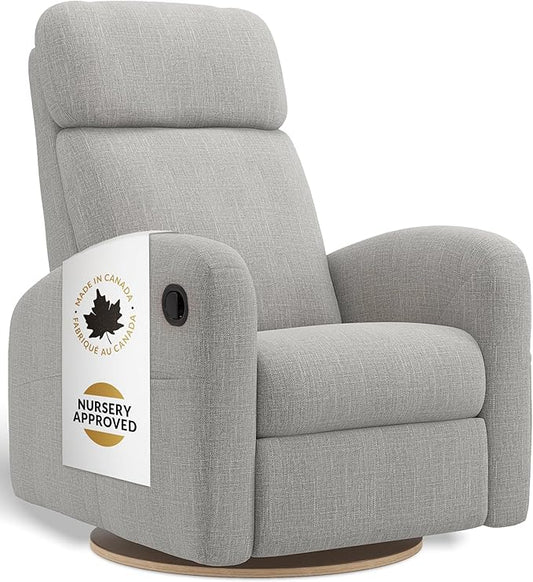 Jaymar Hailey Modern Nursery Glider Recliner Chair (Manual) – Cozy Nursing Chair with 360° Swivel for New Parents, High Back & Low Armrests, Adjustable headrest, Canadian Made (Nubia Silver Grey)