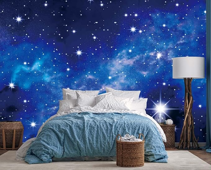 Galaxy Universe Ceiling Wallpaper Blue Starry Sky and Nebula Wall Mural Living Room Bedroom（Not Self-Adhesive）