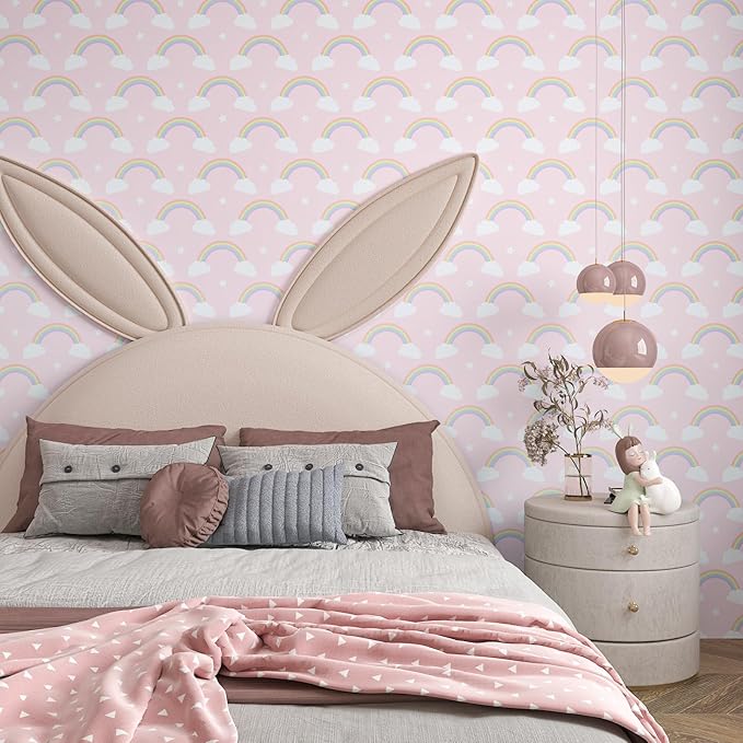 CHIHUT Cute Whimsical Rainbow Clouds Wallpaper Soft Pink Colorful Rainbows Clouds Stars Wallpaper for Kids Room Peel and Stick Wall Paper Self Adhesive Removable Contact Paper for Cabinets 17.7”x236”