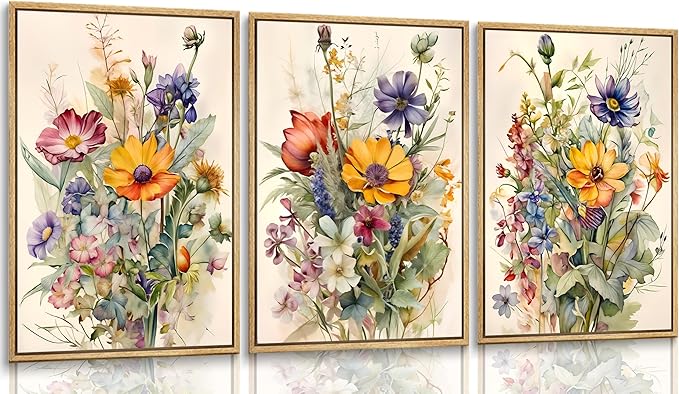 3Pcs Watercolor Wildflower Wall Art Colorful wildflowers Paintings Pictures Watercolor Floral Botanical Canvas Prints Wall Decor Bright floral posters for Living Room Bedroom Home Decoration Unframed