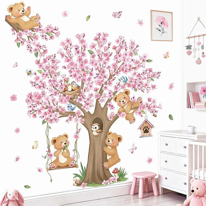 decalmile Woodland Animals Large Cherry Blossom Tree Wall Stickers Pink Flower Bear Wall Decals Baby Nursery Kids Bedroom Living Room Home Decor