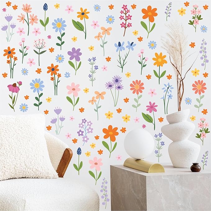 AOWDIAO Floral Wall Decals - 102 Pcs Peel and Stick Vinyl Flower Stickers - Assorted Varieties & Colors for Bedroom, Kids’ Rooms, Nursery, or Living Room Decor