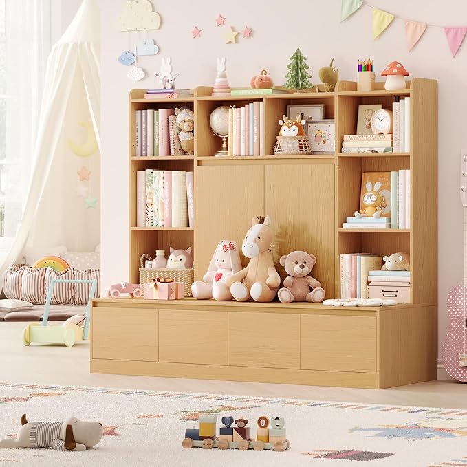 HIFIT 4-In-1 Kids Bookshelf and Toy Storage Organizer with Bench, 10-Cubes Kids Bookcase w/Reading Nook & 4 Sliding-Drawers & 2 Doors, Toy Chest Storage Cabinet for Playroom, Nursery,Classroom,Natural