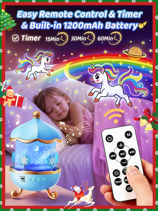 Snow Night Light for Kids, 15 White Noise+16 Films+336 Colors Star Projector for Kids, 360°+Remote+Cordless Baby Night Light Projector, Princess Toys for Girls Room Decor Light Up Christmas Decor