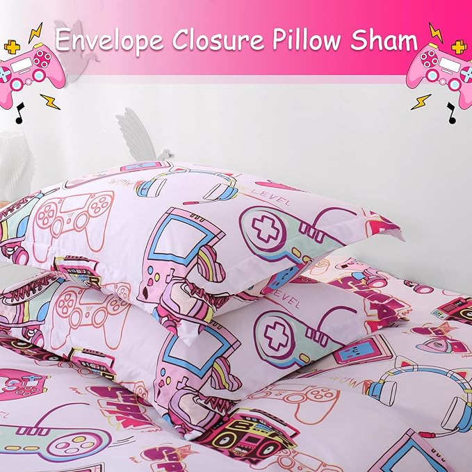 JSD Pink Gamer Kids Duvet Cover Set Twin Size, 2 Piece Soft Printed Microfiber Comforter Cover with Pillow Sham Zipper Closure, Comforter Not Included