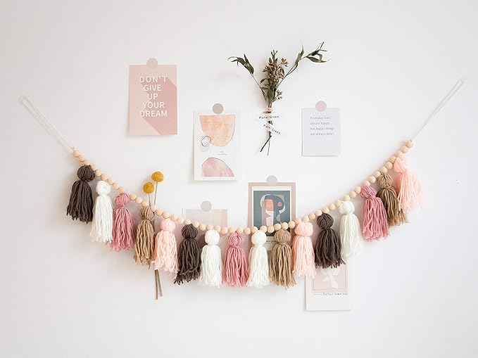 Decocove Tassel Garland - Boho Tassel Garland with Wood Beads - Wall Decor for Dorm, Girls Room and Nursery Room (43 inch) - Blush and Terra Cotta