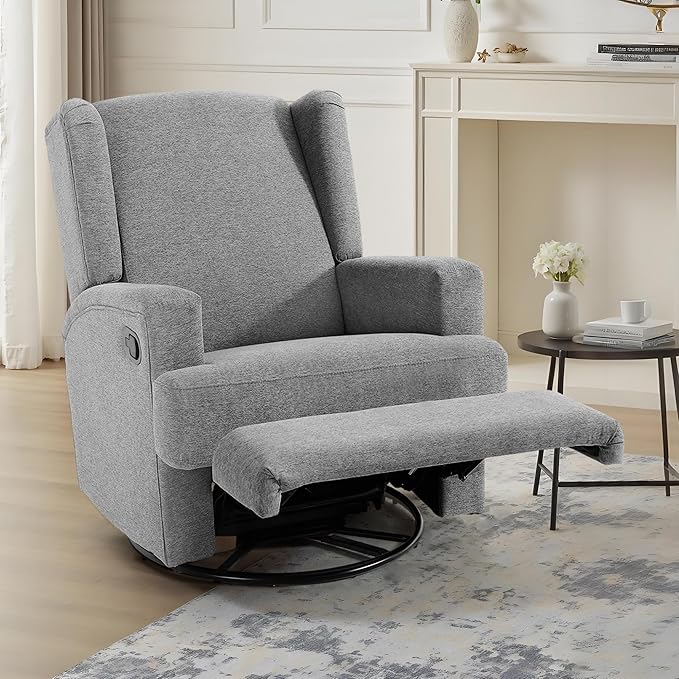 UIXE Swivel Glider Recliner Chair for Adults, Fabric High Back Accent Chair Nursery Rocker for Living Room, Upholstered Manual Reclining Sofa Seating with Deep Seat - Flax Gray