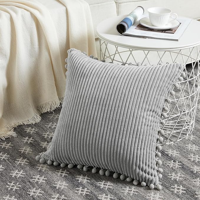 Fancy Homi 2 Packs Neutral Grey Decorative Throw Pillow Covers 20x20 Inch with Pom-poms for Couch Bed Sofa, Aesthetic Modern Organic Farmhouse Boho Home Decor, Soft Corduroy Cute Accent Cushion Case