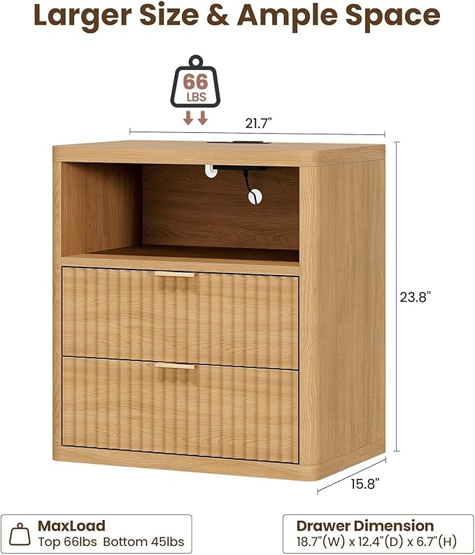Fluted Nightstand with Charging Station, 21.7" Wide Modern Night Stand with 2 Drawers Open Storage Cabinet, Wooden Bedside End Table for Bedroom, Natural Oak